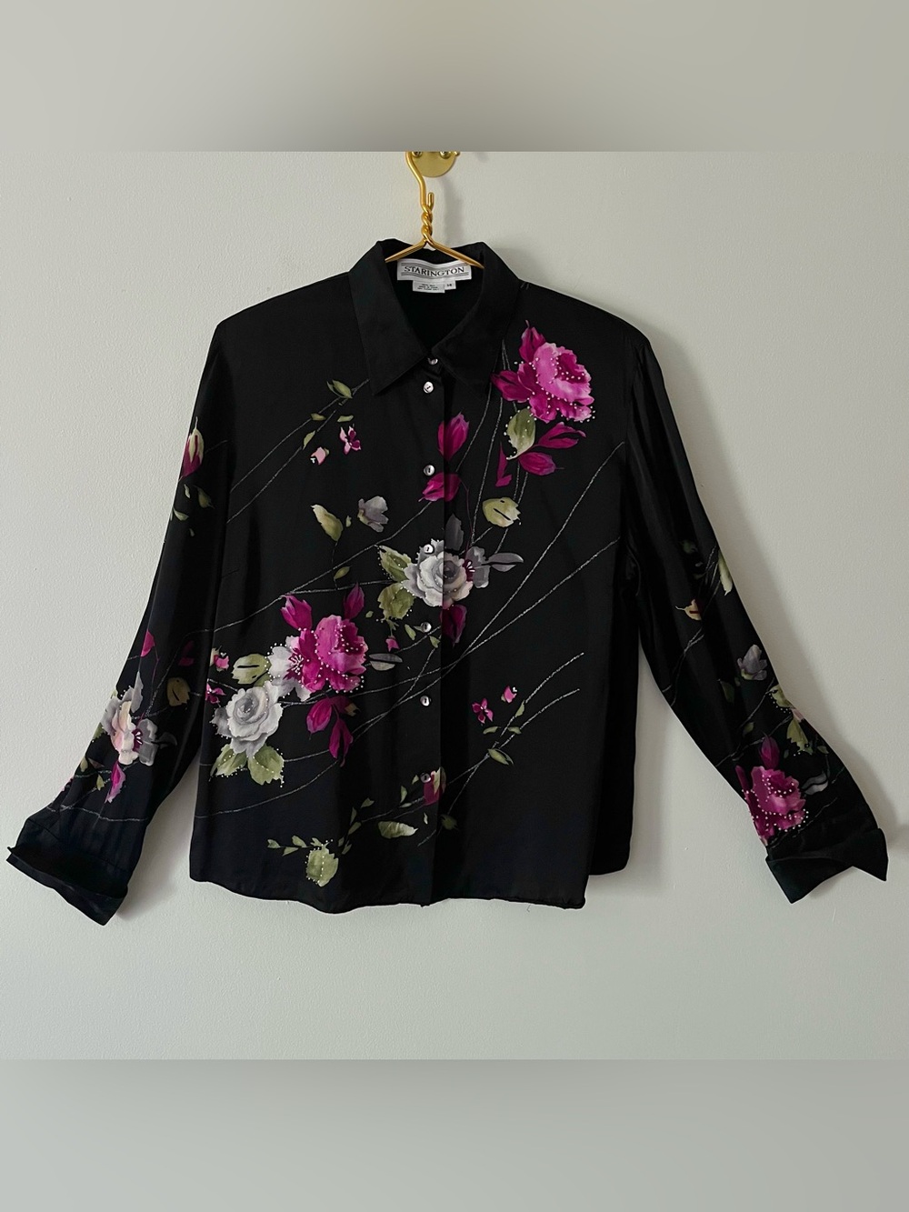 Vintage Women’s Starington Silk Black Bold Pink Floral Embellished Button-Up 14